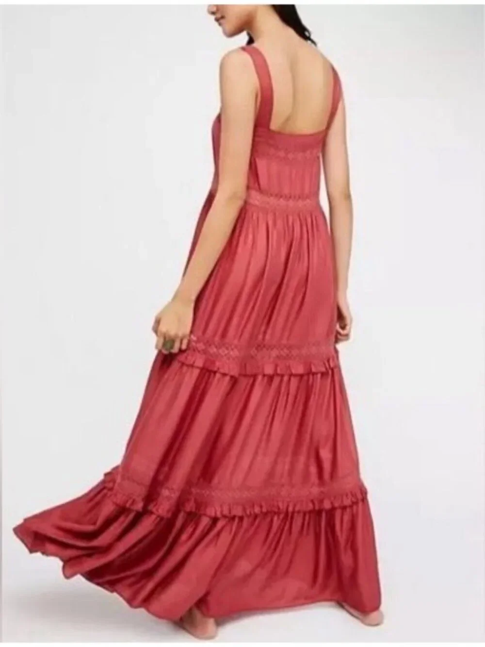 Free People Lace Trim Tiered Ruffle Maxi Slip Dress M | Whimsical Ethereal Boho - Picture 7 of 16